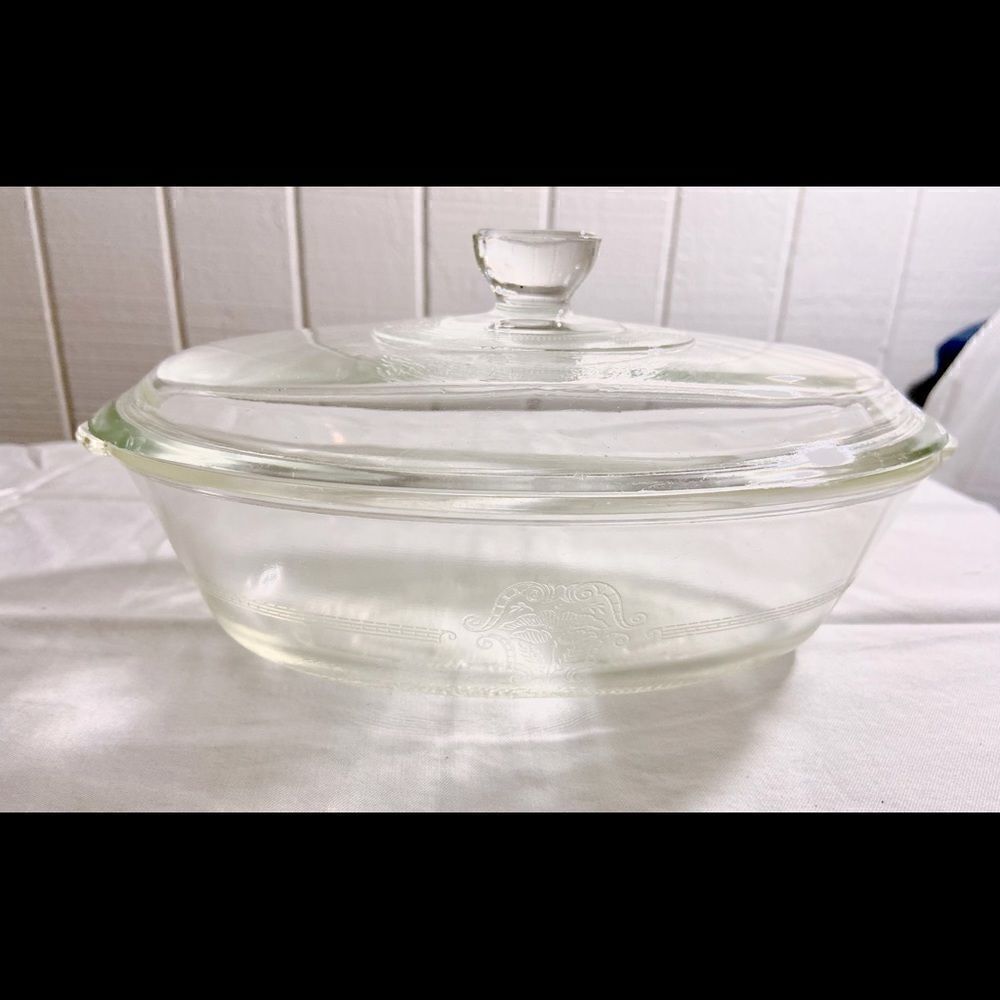 Vintage GLASBAKE Oval Dish and Lid Clear Etched Design. Used In Upcoming Film!